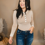 Two-Tone Knit Henley Top - Taupe - Lace and Grace Boutique