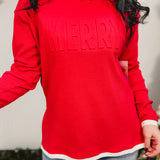 Merry Embossed Waffle Knit Sweatshirt - Red/Cream