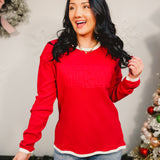 Merry Embossed Waffle Knit Sweatshirt - Red/Cream