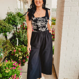 Wide Leg Embroidered Jumpsuit - Black - Lace and Grace Boutique