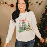 Christmas Tree Bow Long Sleeve Graphic Tee - White