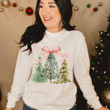 Christmas Tree Bow Long Sleeve Graphic Tee - White