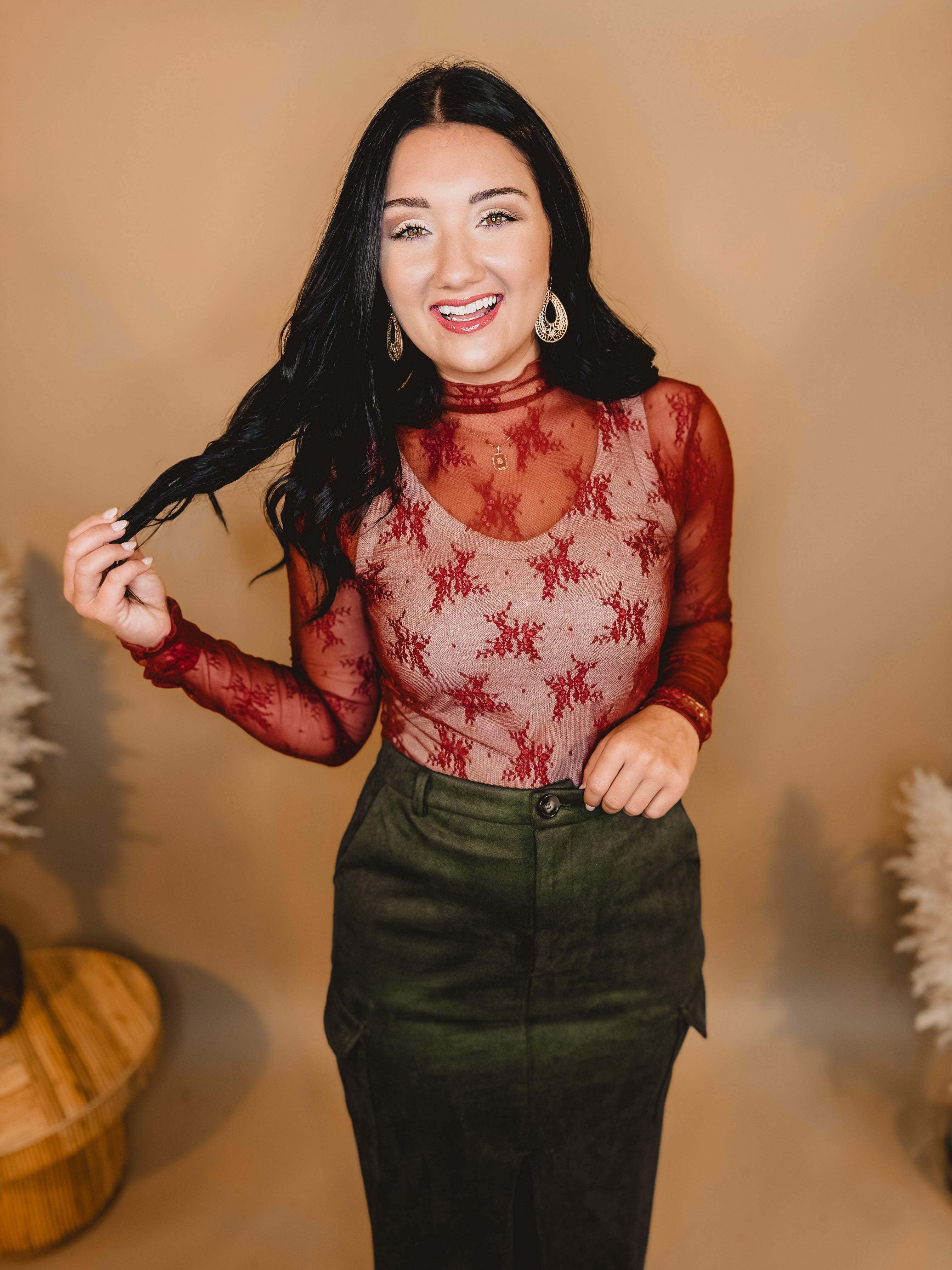 All Dressed Up Sheer Lace Top - Brick - Lace and Grace Boutique