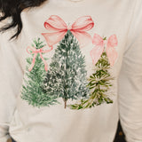 Christmas Tree Bow Long Sleeve Graphic Tee - White