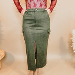 Suede Cargo Midi Skirt With Slit - Olive - Lace and Grace Boutique