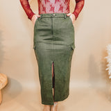 Suede Cargo Midi Skirt With Slit - Olive - Lace and Grace Boutique