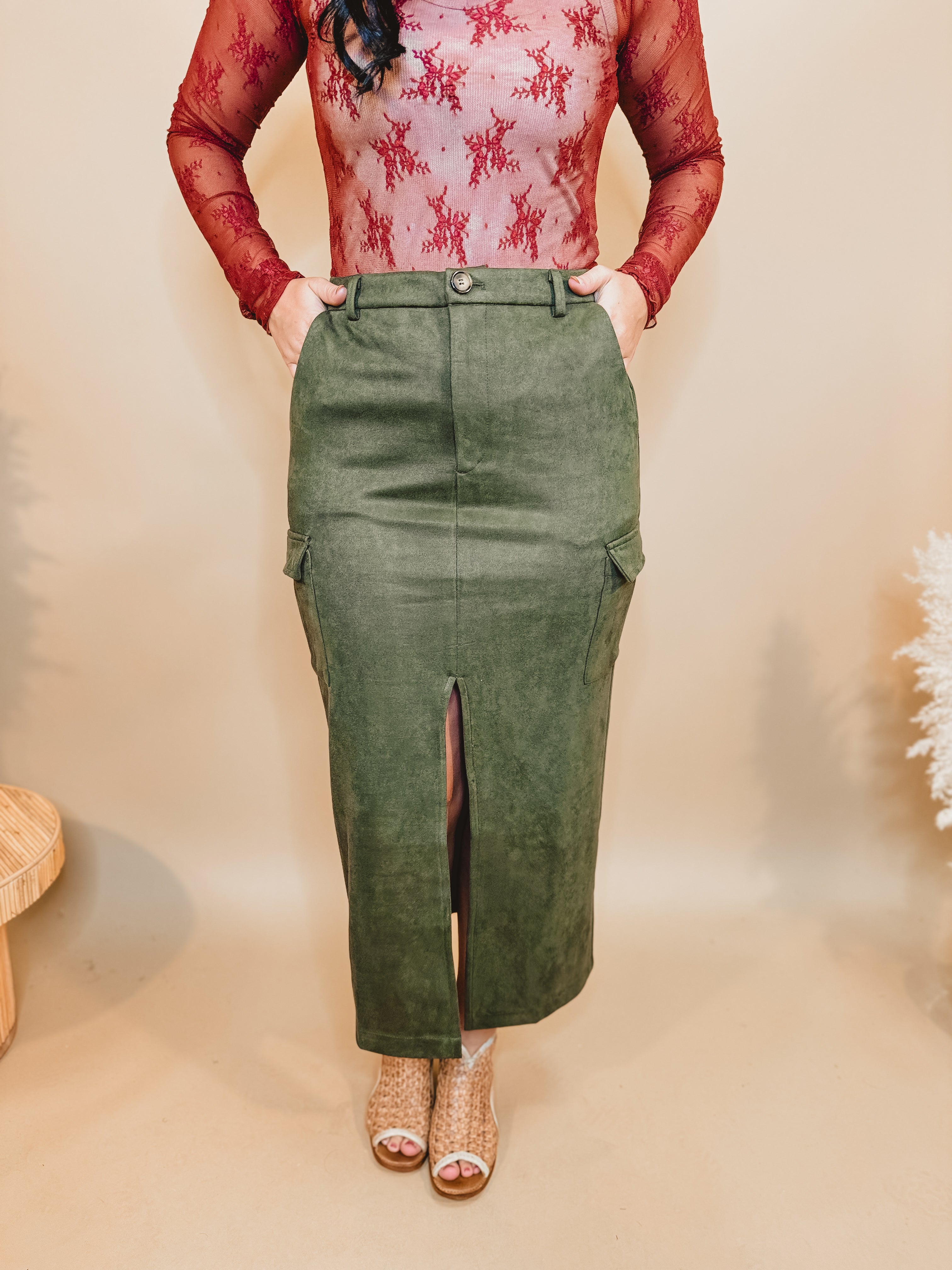 Suede Cargo Midi Skirt With Slit - Olive - Lace and Grace Boutique