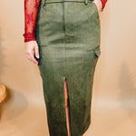 Suede Cargo Midi Skirt With Slit - Olive - Lace and Grace Boutique