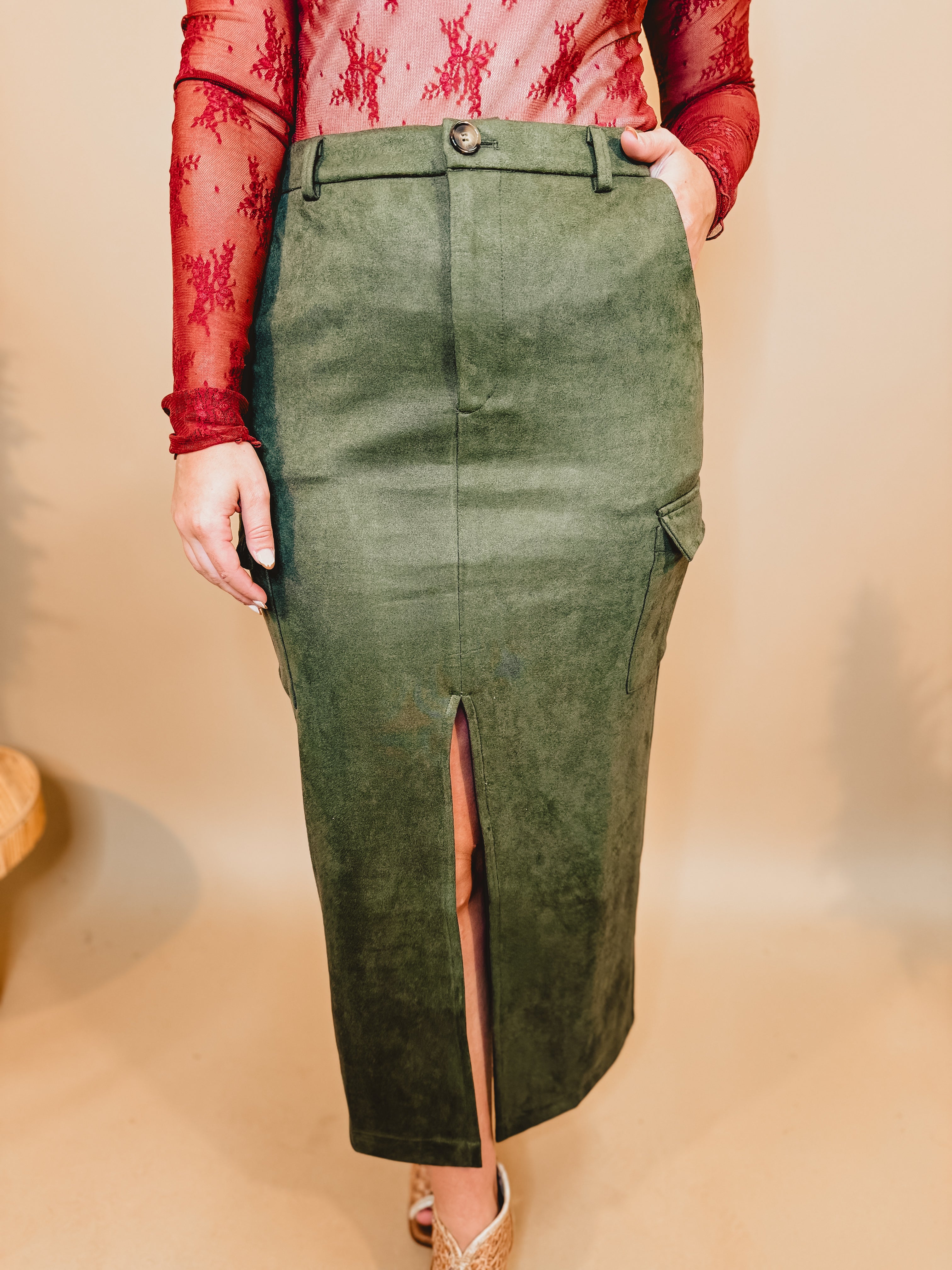 Suede Cargo Midi Skirt With Slit - Olive - Lace and Grace Boutique