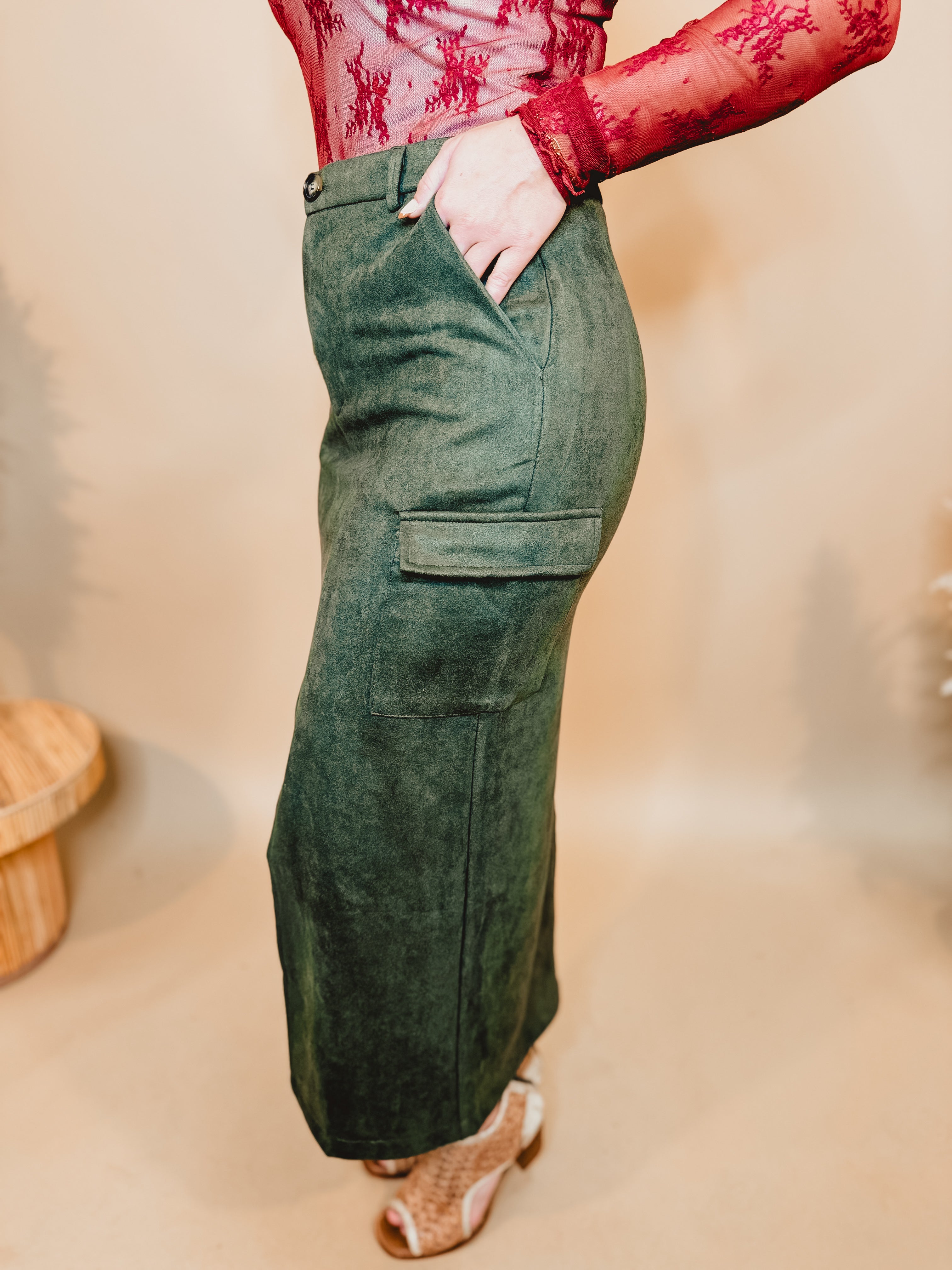 Suede Cargo Midi Skirt With Slit - Olive - Lace and Grace Boutique