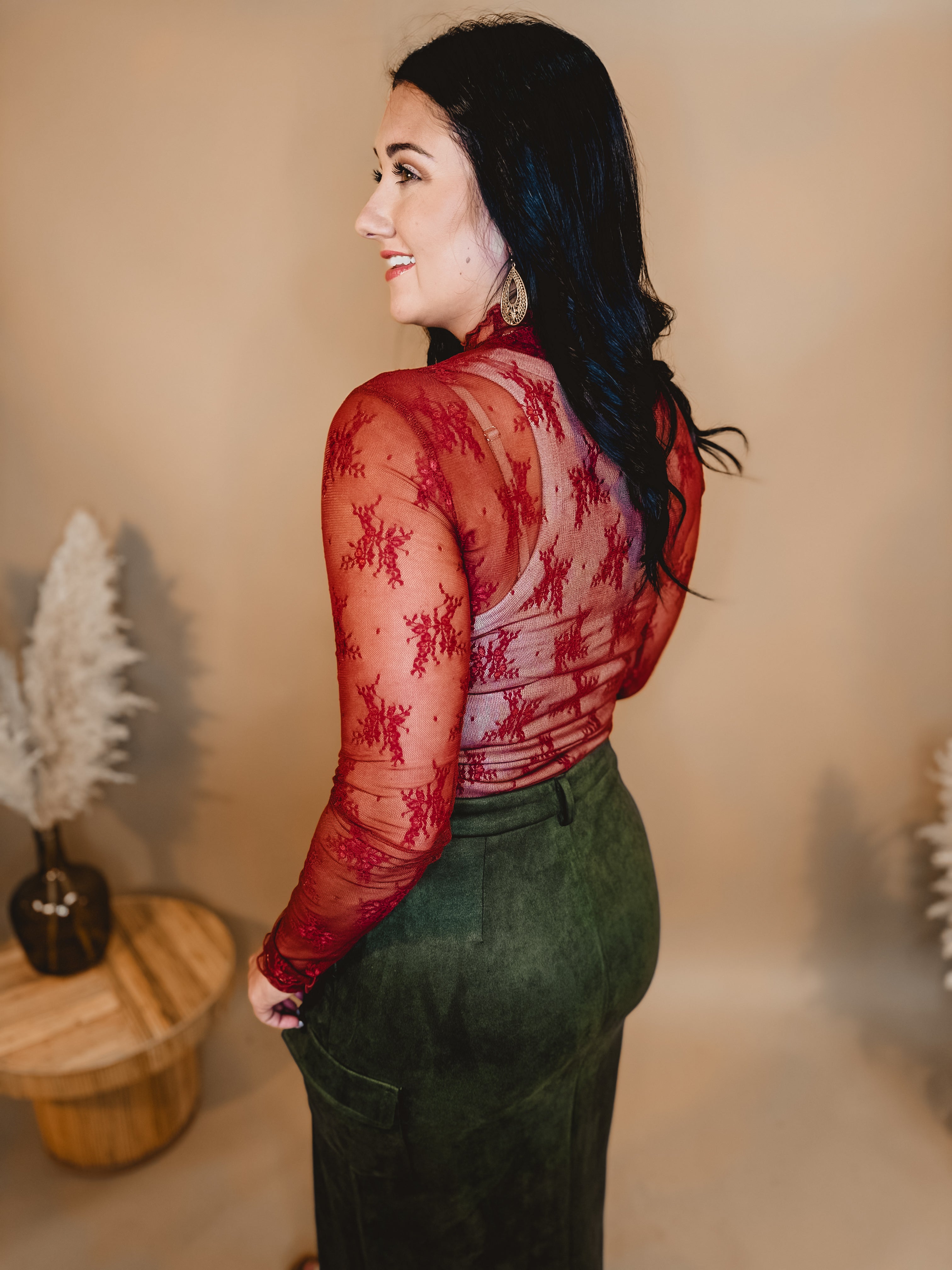 All Dressed Up Sheer Lace Top - Brick - Lace and Grace Boutique