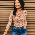 Floral Mesh Mock Neck Long Sleeve Top - Taupe - Lace and Grace Boutique