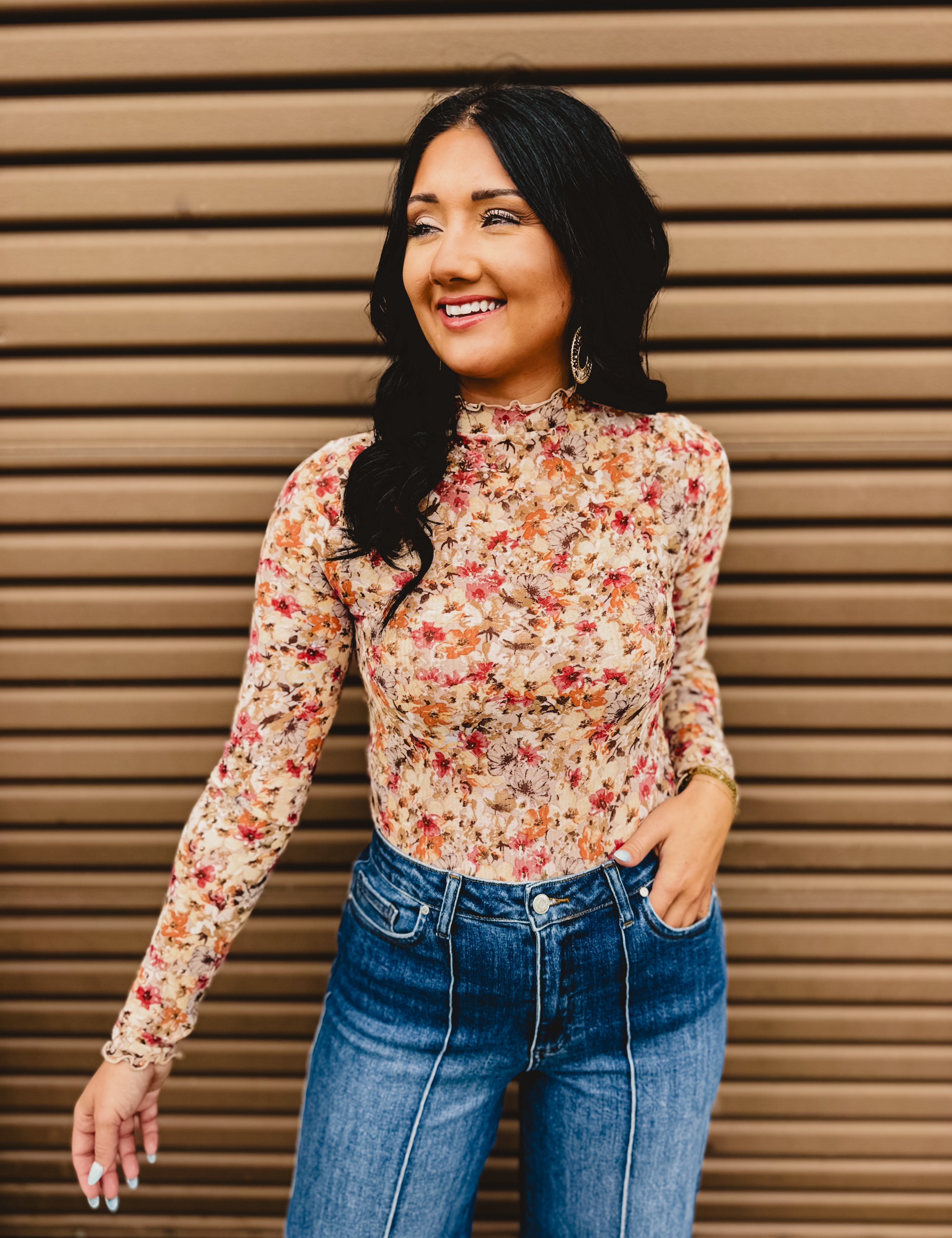 Floral Mesh Mock Neck Long Sleeve Top - Taupe - Lace and Grace Boutique
