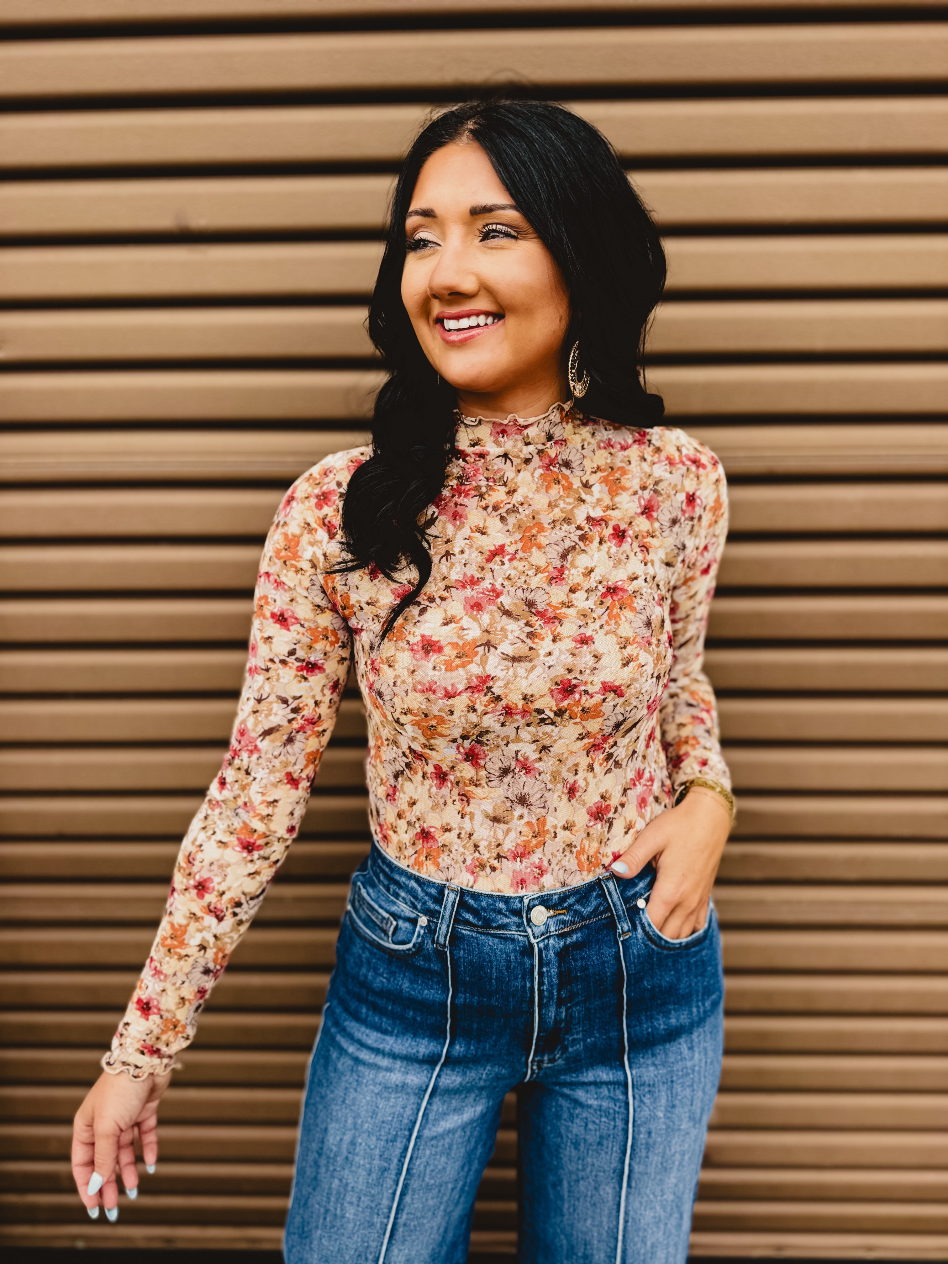 Floral Mesh Mock Neck Long Sleeve Top - Taupe - Lace and Grace Boutique