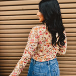 Floral Mesh Mock Neck Long Sleeve Top - Taupe - Lace and Grace Boutique