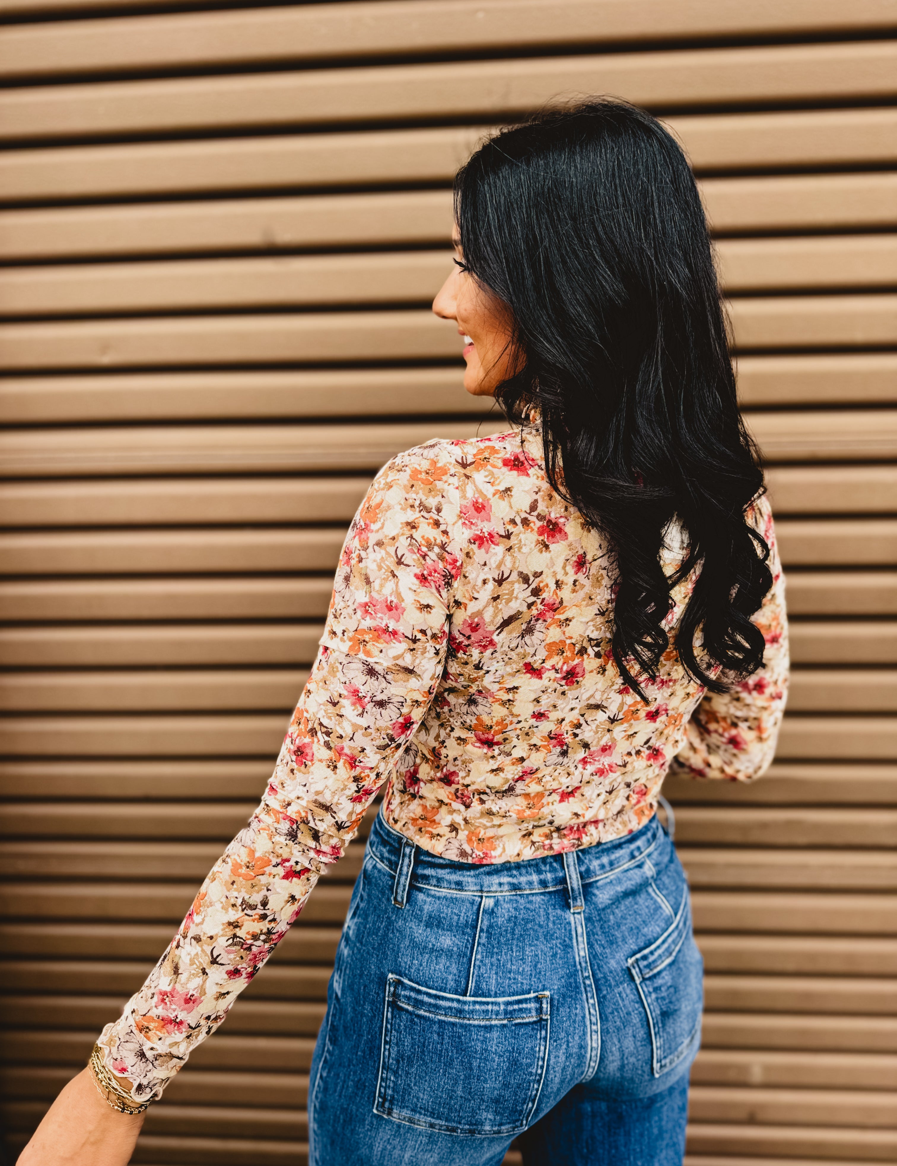 Floral Mesh Mock Neck Long Sleeve Top - Taupe - Lace and Grace Boutique