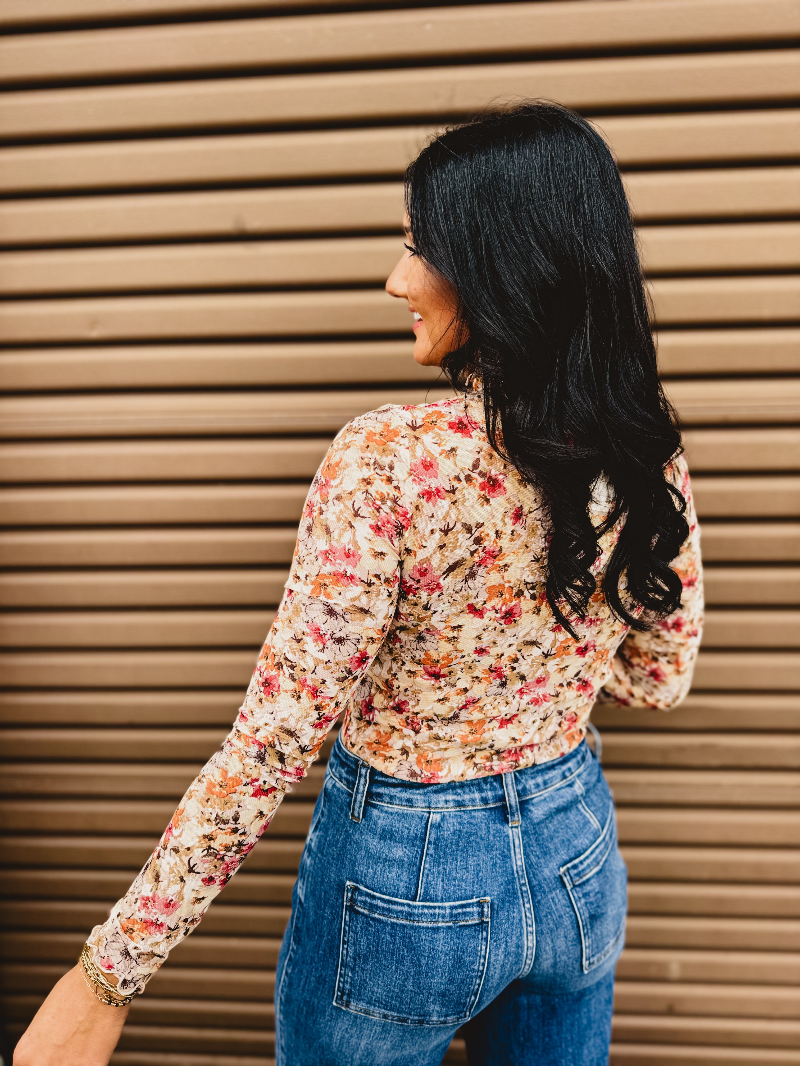 Floral Mesh Mock Neck Long Sleeve Top - Taupe - Lace and Grace Boutique