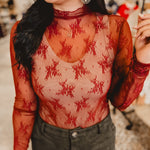 All Dressed Up Sheer Lace Top - Brick - Lace and Grace Boutique