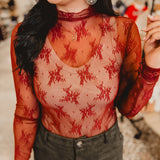 All Dressed Up Sheer Lace Top - Brick - Lace and Grace Boutique