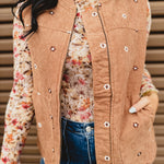 Floral Embroidered Corduroy Vest - Caramel - Lace and Grace Boutique