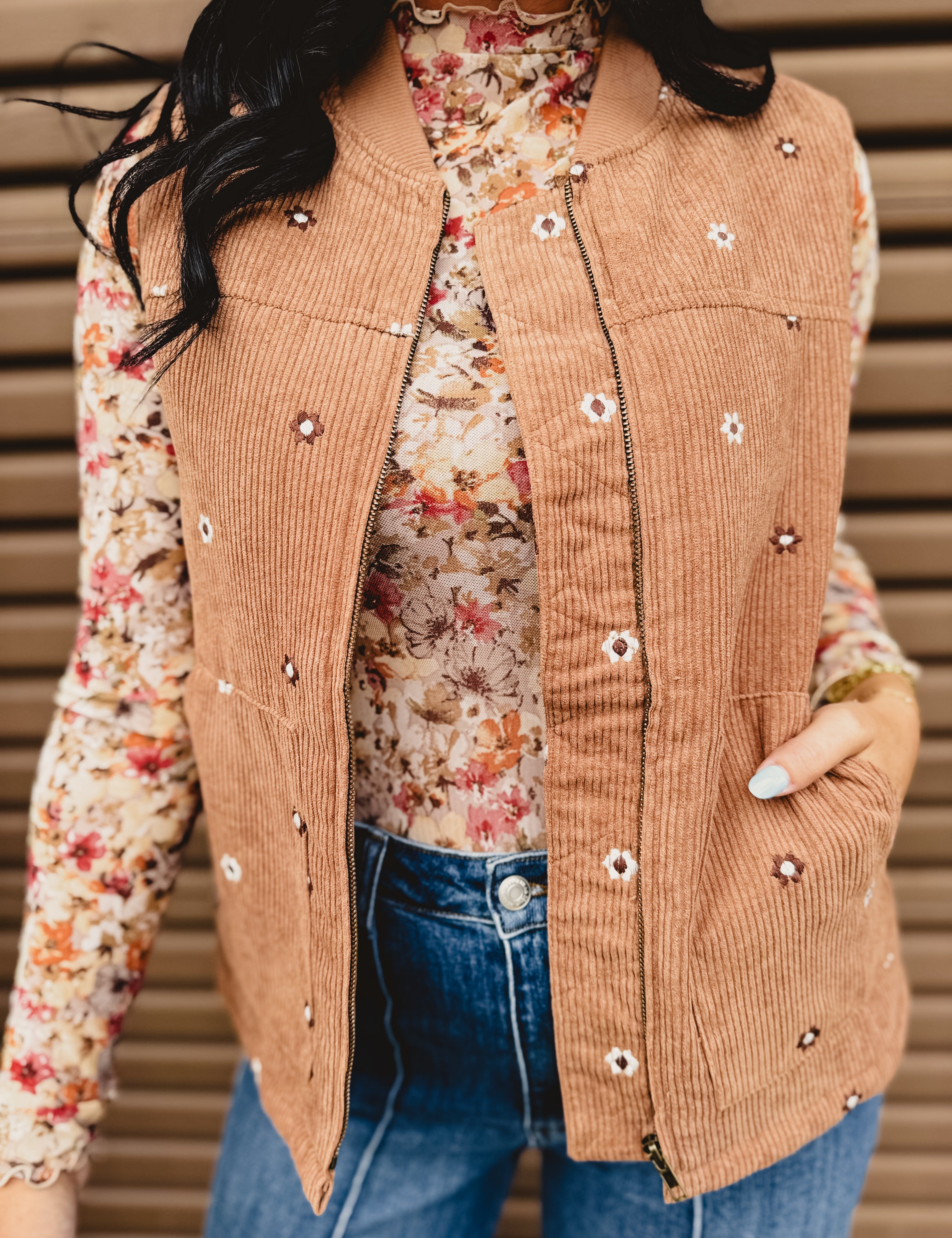 Floral Embroidered Corduroy Vest - Caramel - Lace and Grace Boutique