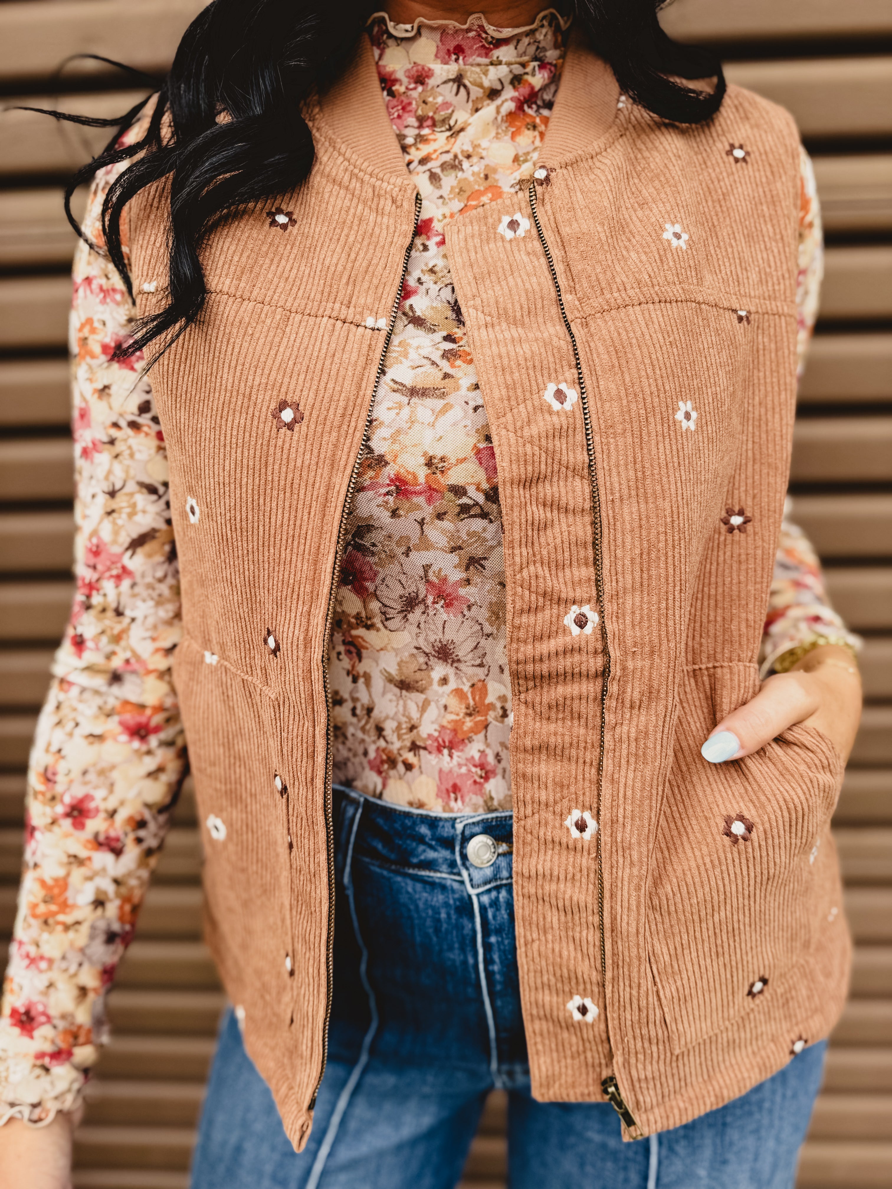 Floral Embroidered Corduroy Vest - Caramel - Lace and Grace Boutique
