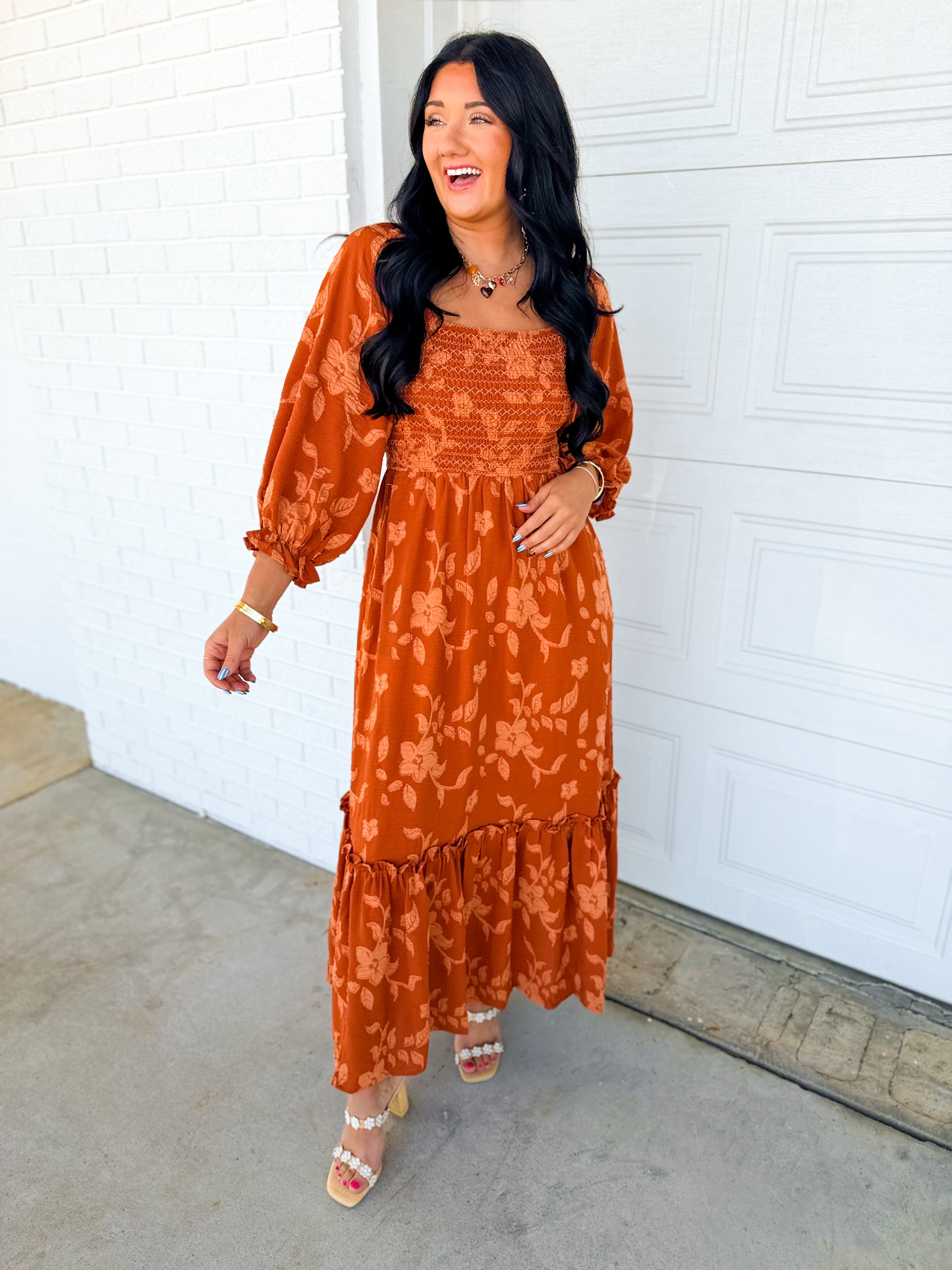 The Burnt Orange Textured Floral Maxi Outfit image