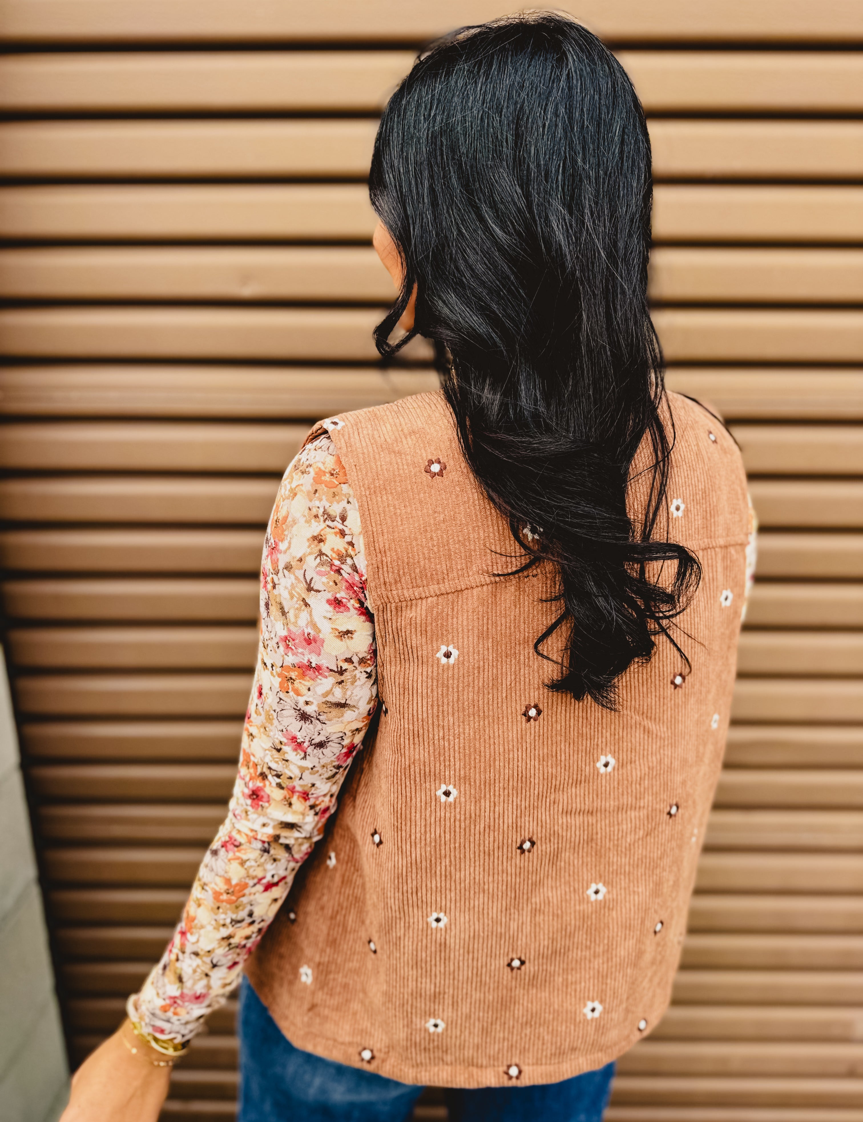 Floral Embroidered Corduroy Vest - Caramel - Lace and Grace Boutique