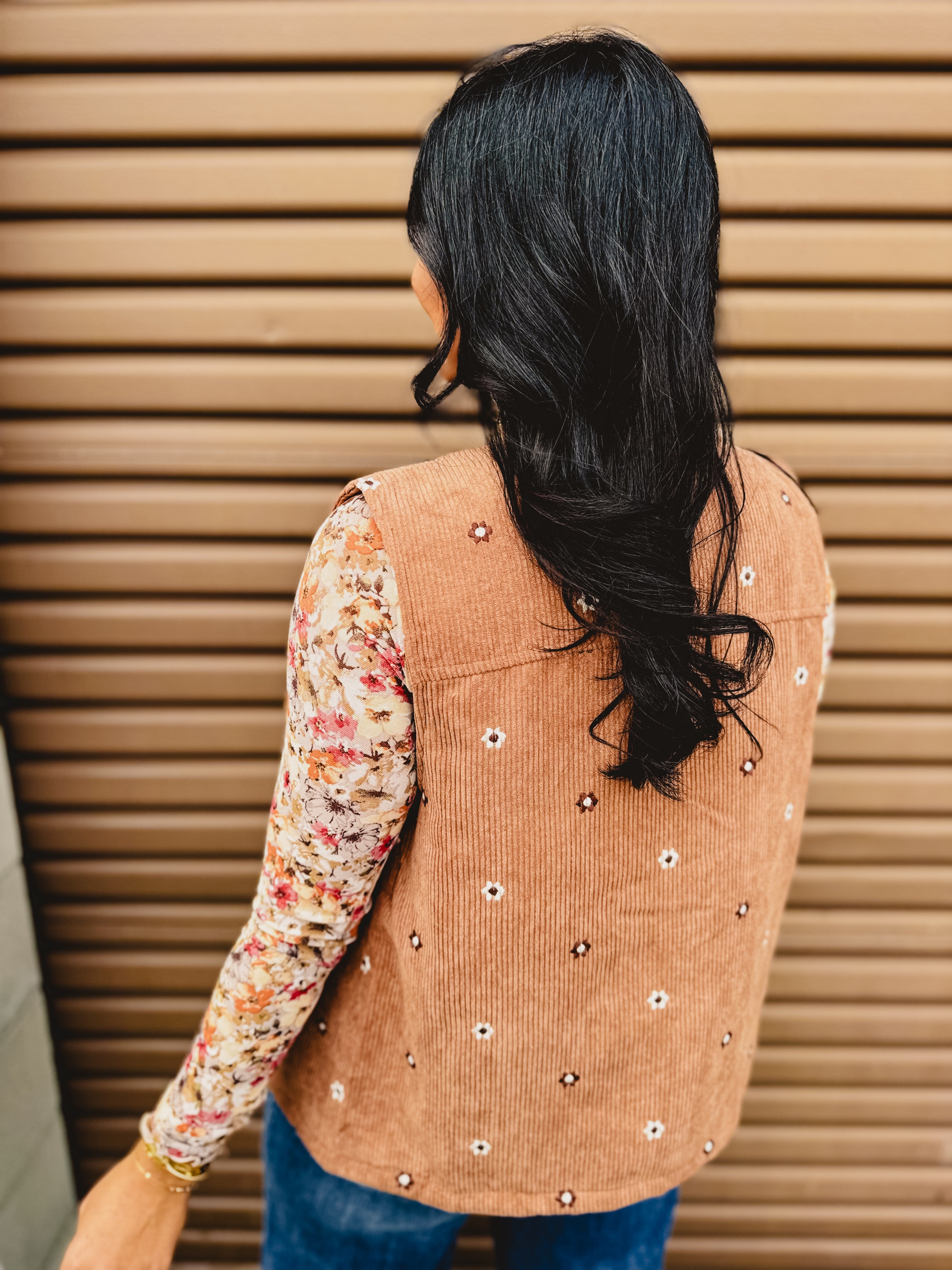 Floral Embroidered Corduroy Vest - Caramel - Lace and Grace Boutique