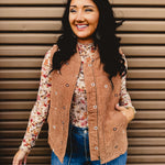 Floral Embroidered Corduroy Vest - Caramel - Lace and Grace Boutique