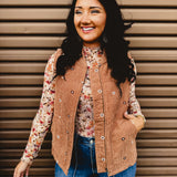 Floral Embroidered Corduroy Vest - Caramel - Lace and Grace Boutique
