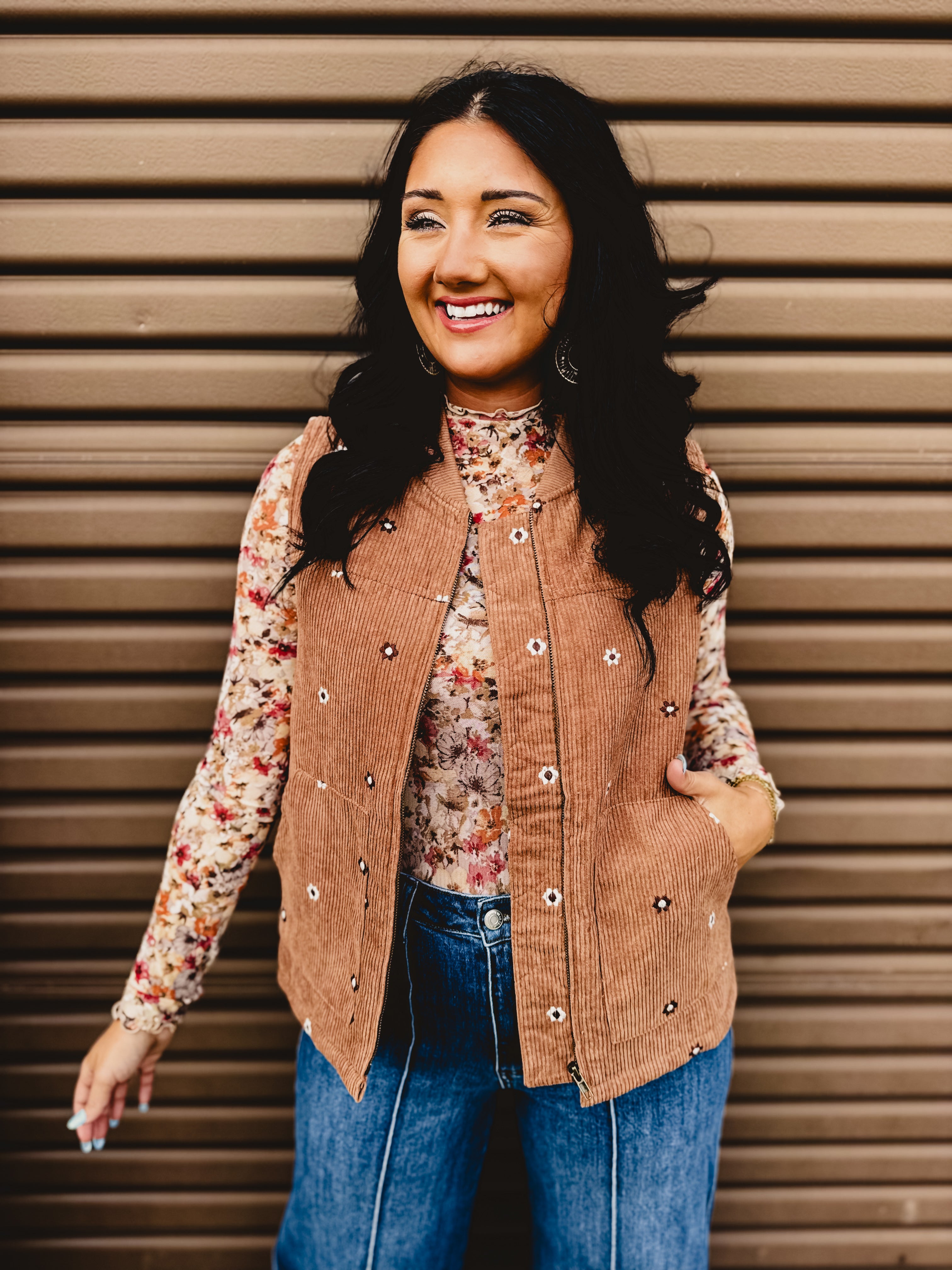 Floral Embroidered Corduroy Vest - Caramel - Lace and Grace Boutique