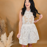 Floral Lace Sheer Mini Dress - Cream