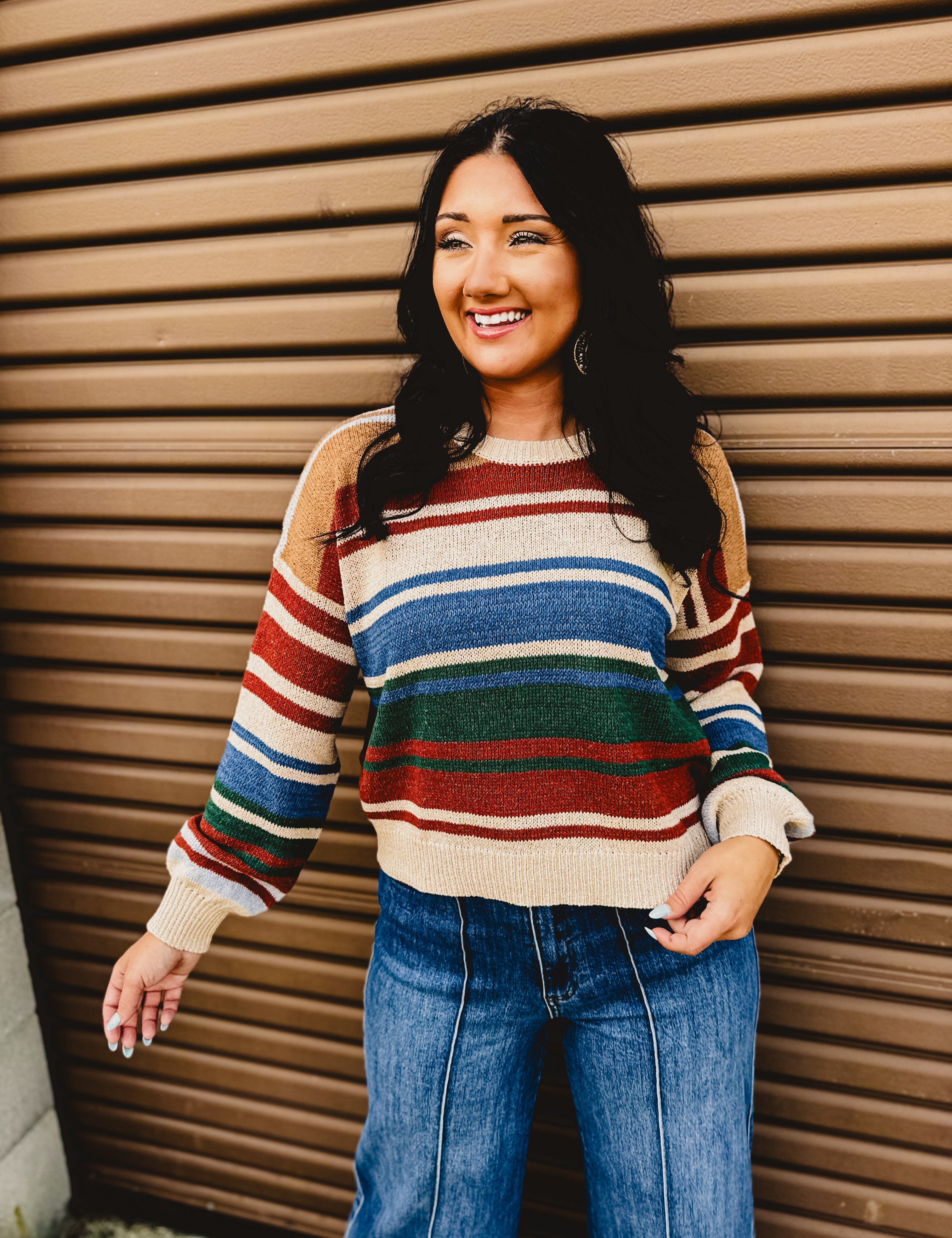 Color Block Striped Sweater - Blue/Rust - Lace and Grace Boutique