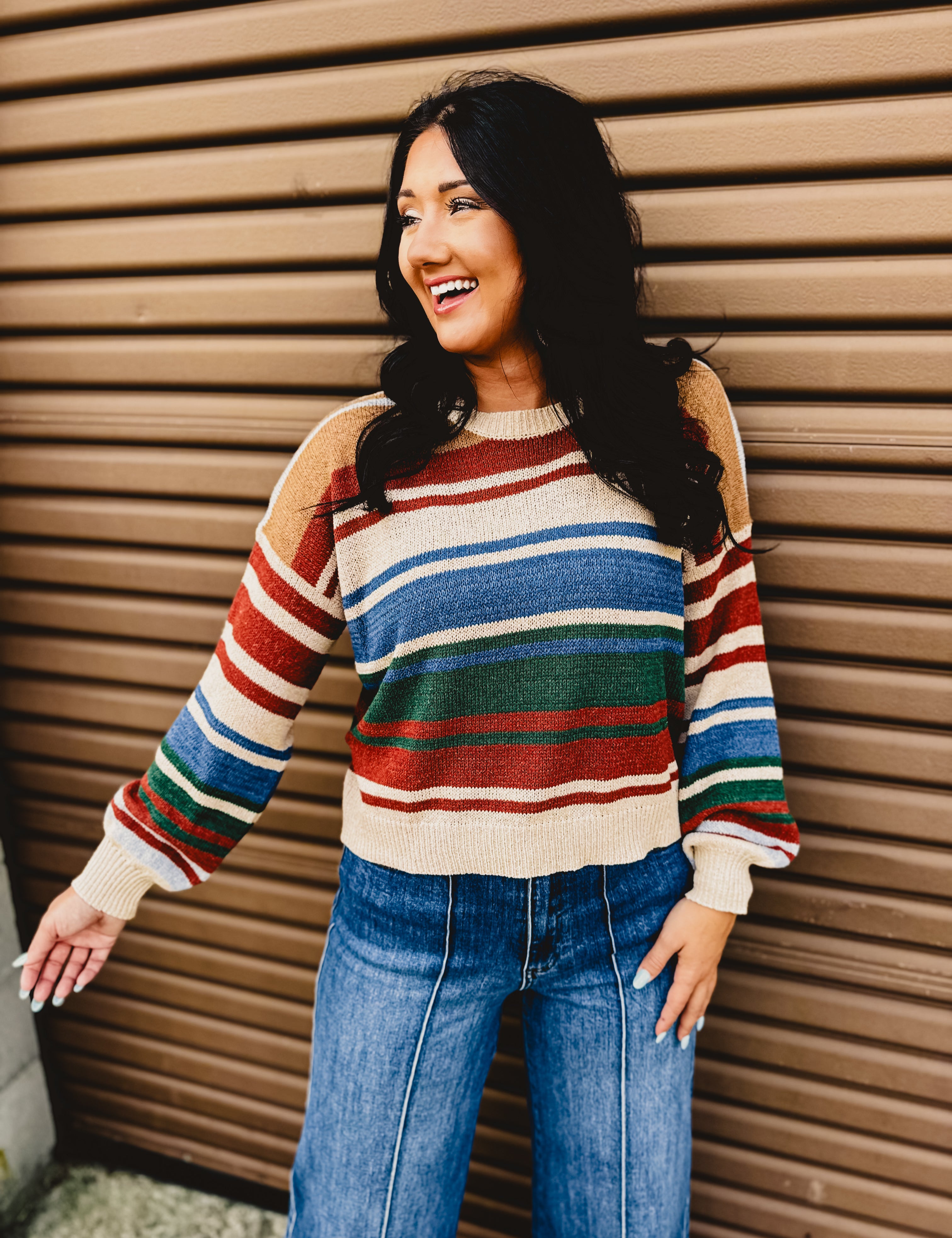 Color Block Striped Sweater - Blue/Rust - Lace and Grace Boutique
