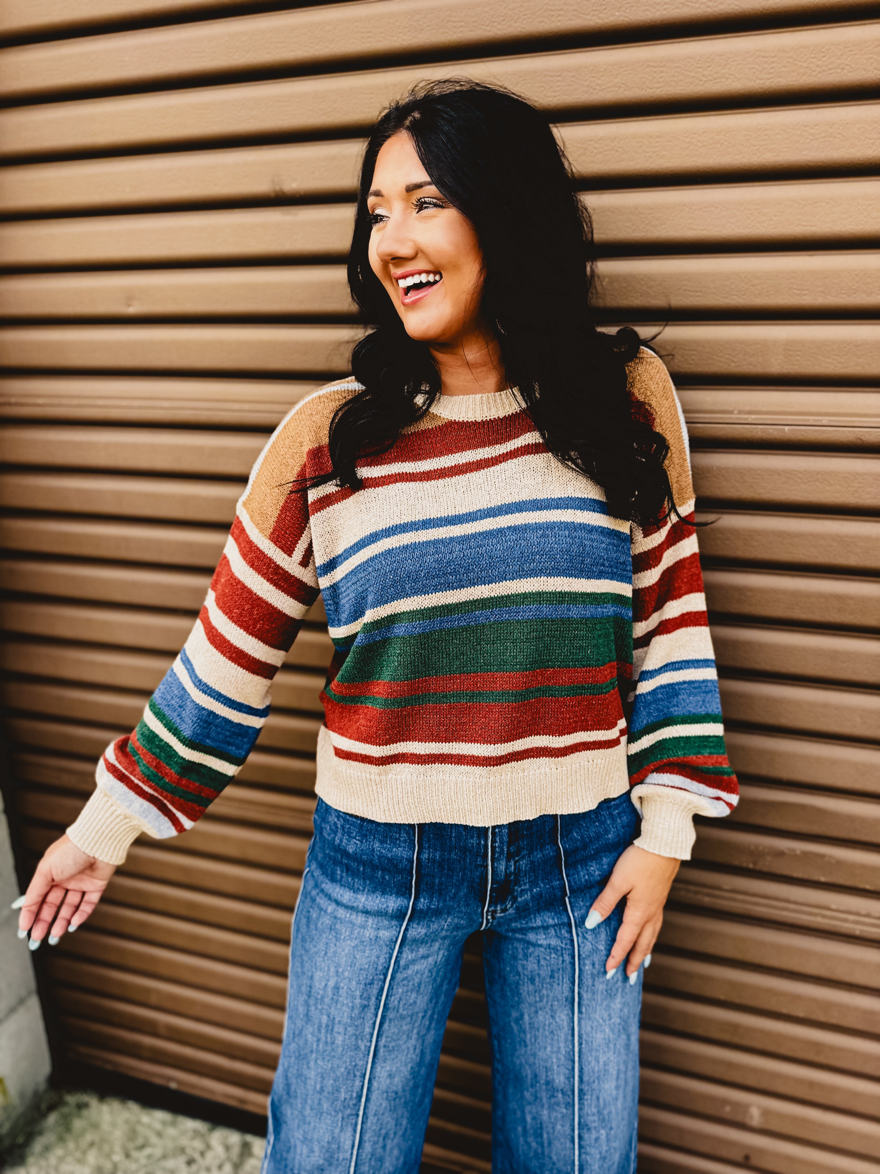 Color Block Striped Sweater - Blue/Rust - Lace and Grace Boutique