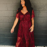 Floral Lace Overlay Maxi Dress - Wine