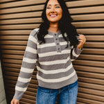 Sweater Knit Long Sleeve Top - Grey/Ivory - Lace and Grace Boutique