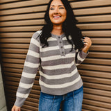 Sweater Knit Long Sleeve Top - Grey/Ivory - Lace and Grace Boutique