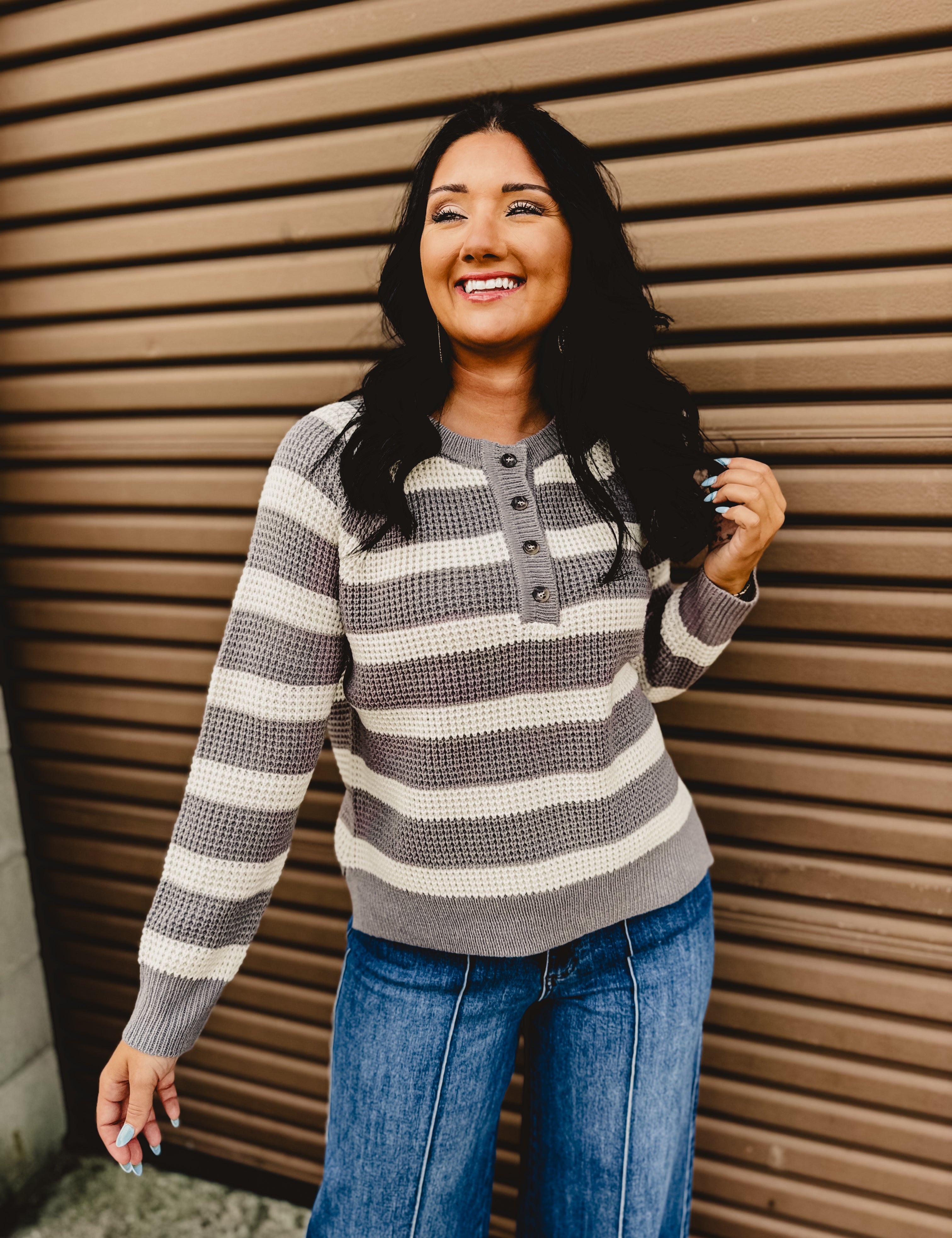 Sweater Knit Long Sleeve Top - Grey/Ivory - Lace and Grace Boutique