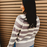 Sweater Knit Long Sleeve Top - Grey/Ivory - Lace and Grace Boutique
