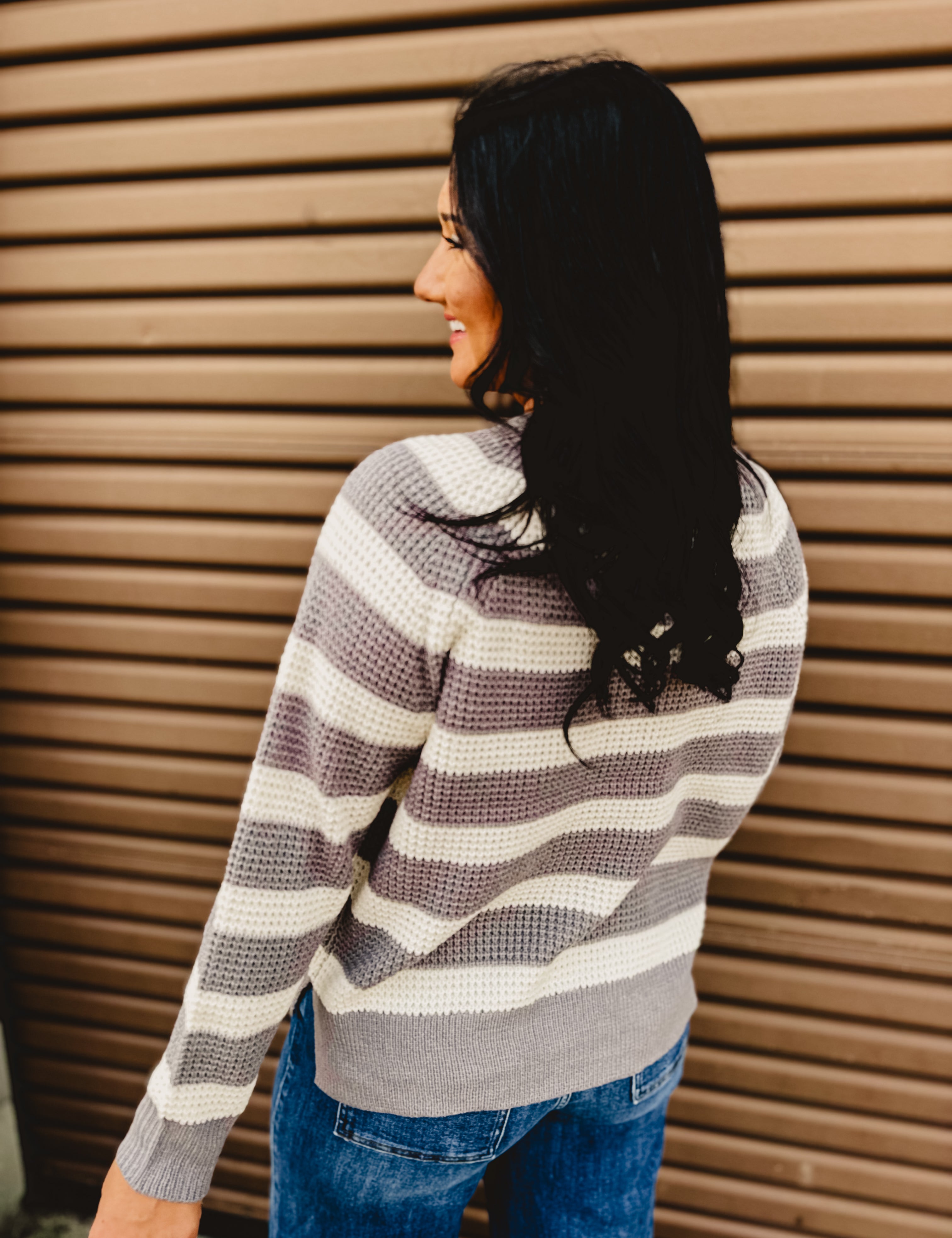 Sweater Knit Long Sleeve Top - Grey/Ivory - Lace and Grace Boutique