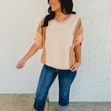 Short Sleeve Color Block Crewneck Top - Natural Multi