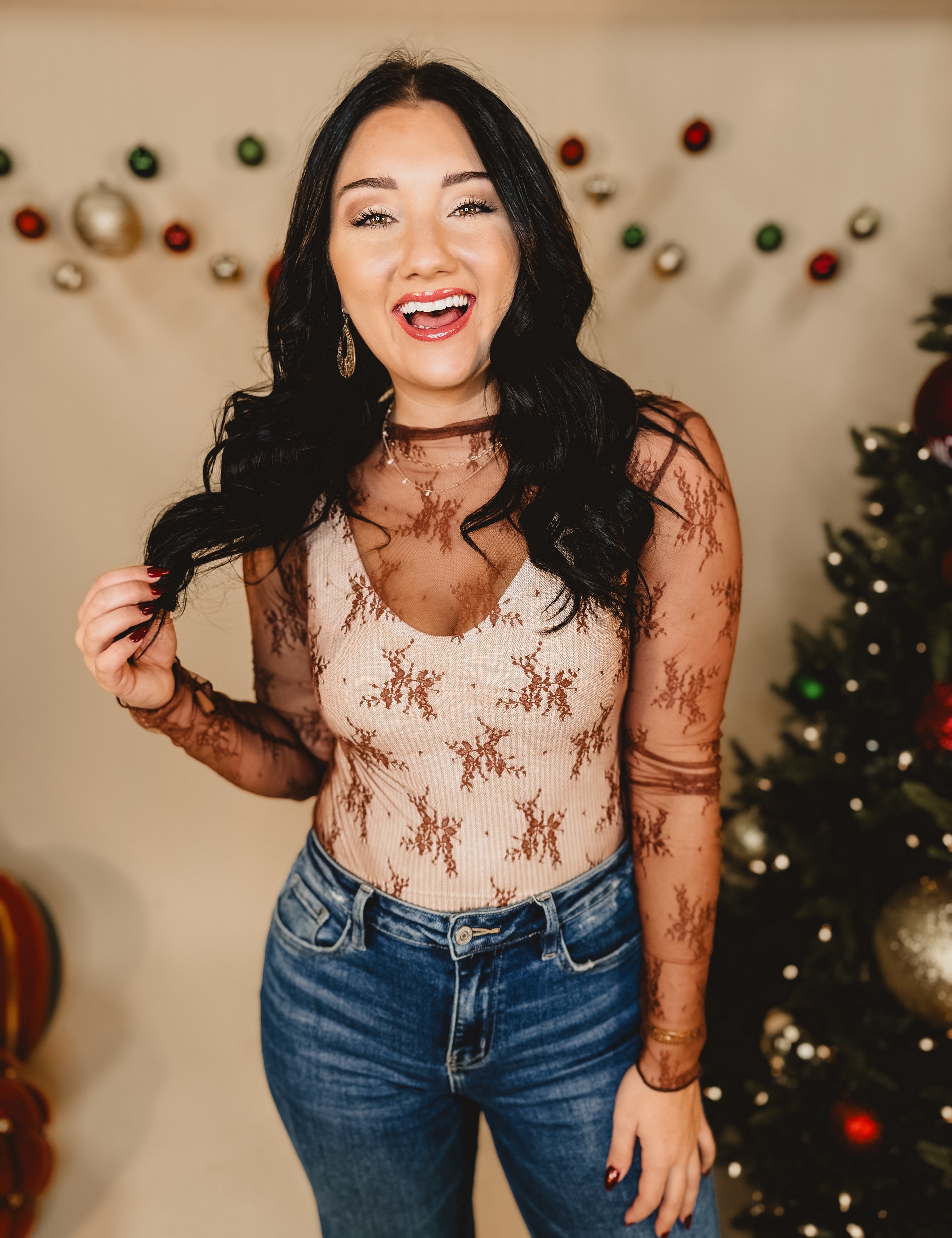 Mesh Lace High Neck Long Sleeve Top - Brown - Lace and Grace Boutique