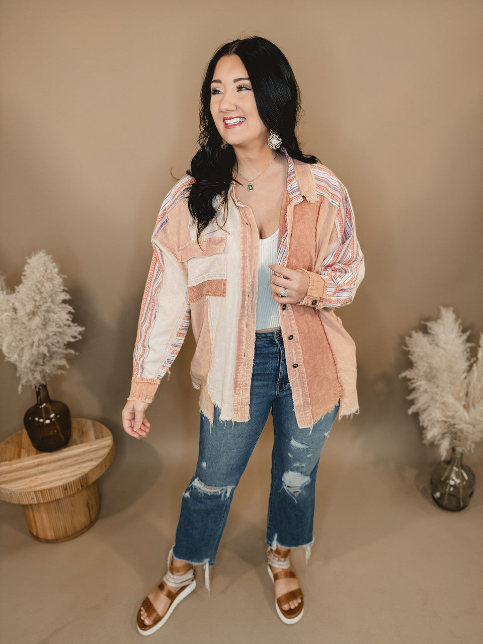 Oli & Hali Washed Colorblock Aztec Shacket - Clay - Lace and Grace Boutique