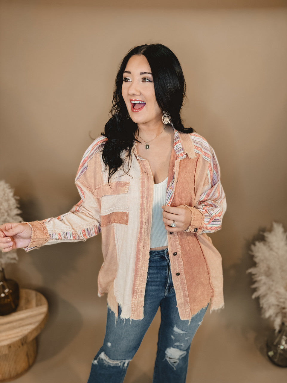 Oli & Hali Washed Colorblock Aztec Shacket - Clay - Lace and Grace Boutique