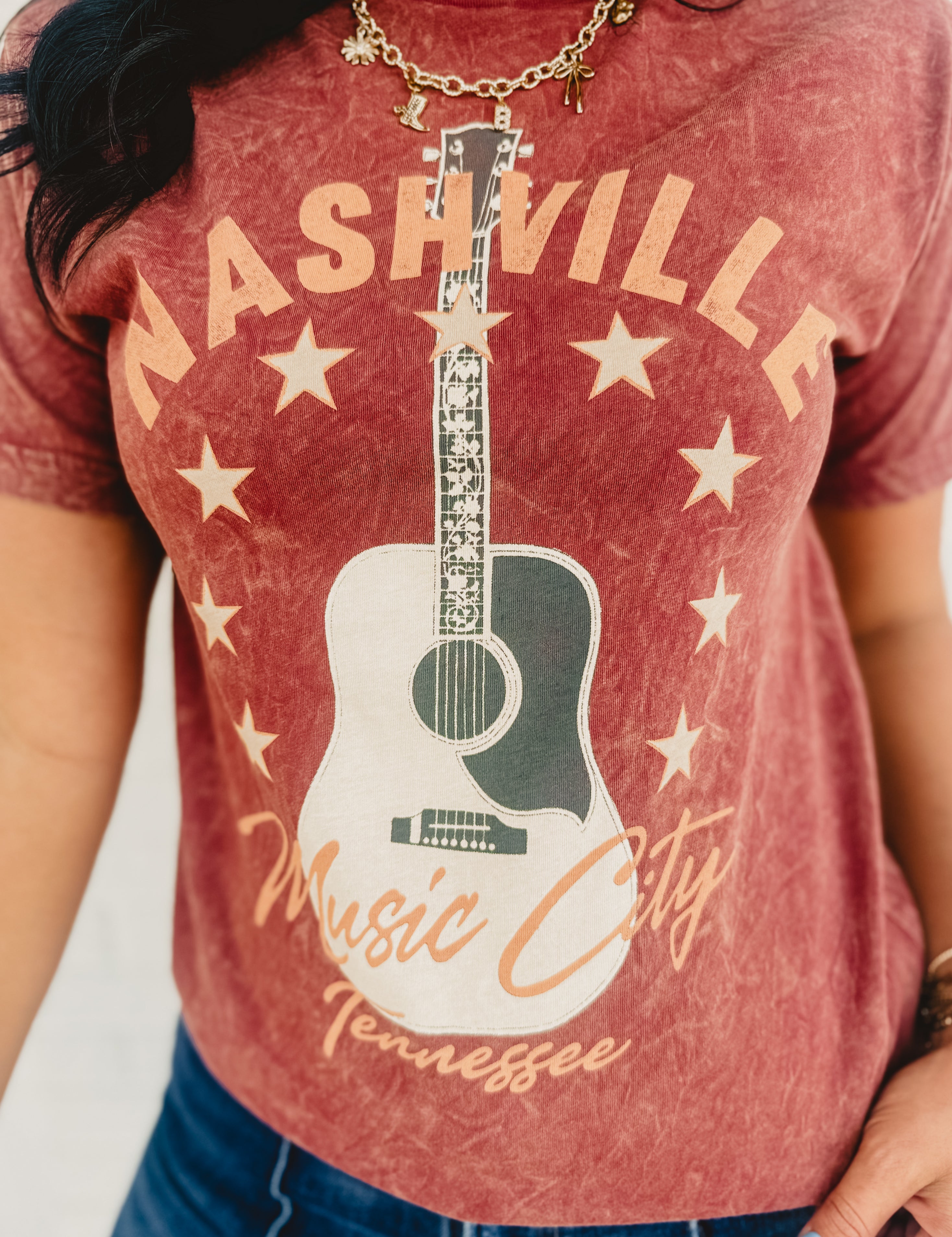 Nashville Music City Mineral Wash Graphic Tee - Wine - Lace and Grace Boutique