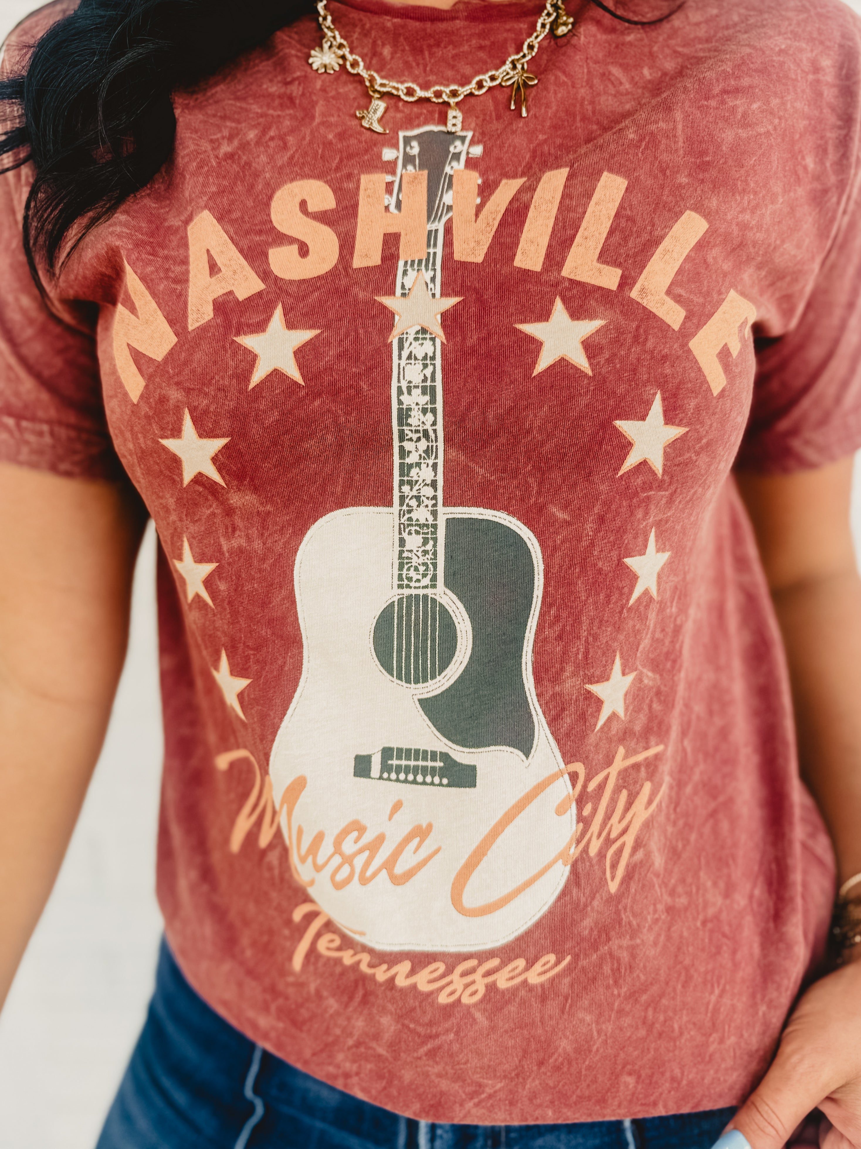 Nashville Music City Mineral Wash Graphic Tee - Wine - Lace and Grace Boutique