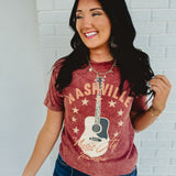 Nashville Music City Mineral Wash Graphic Tee - Wine - Lace and Grace Boutique