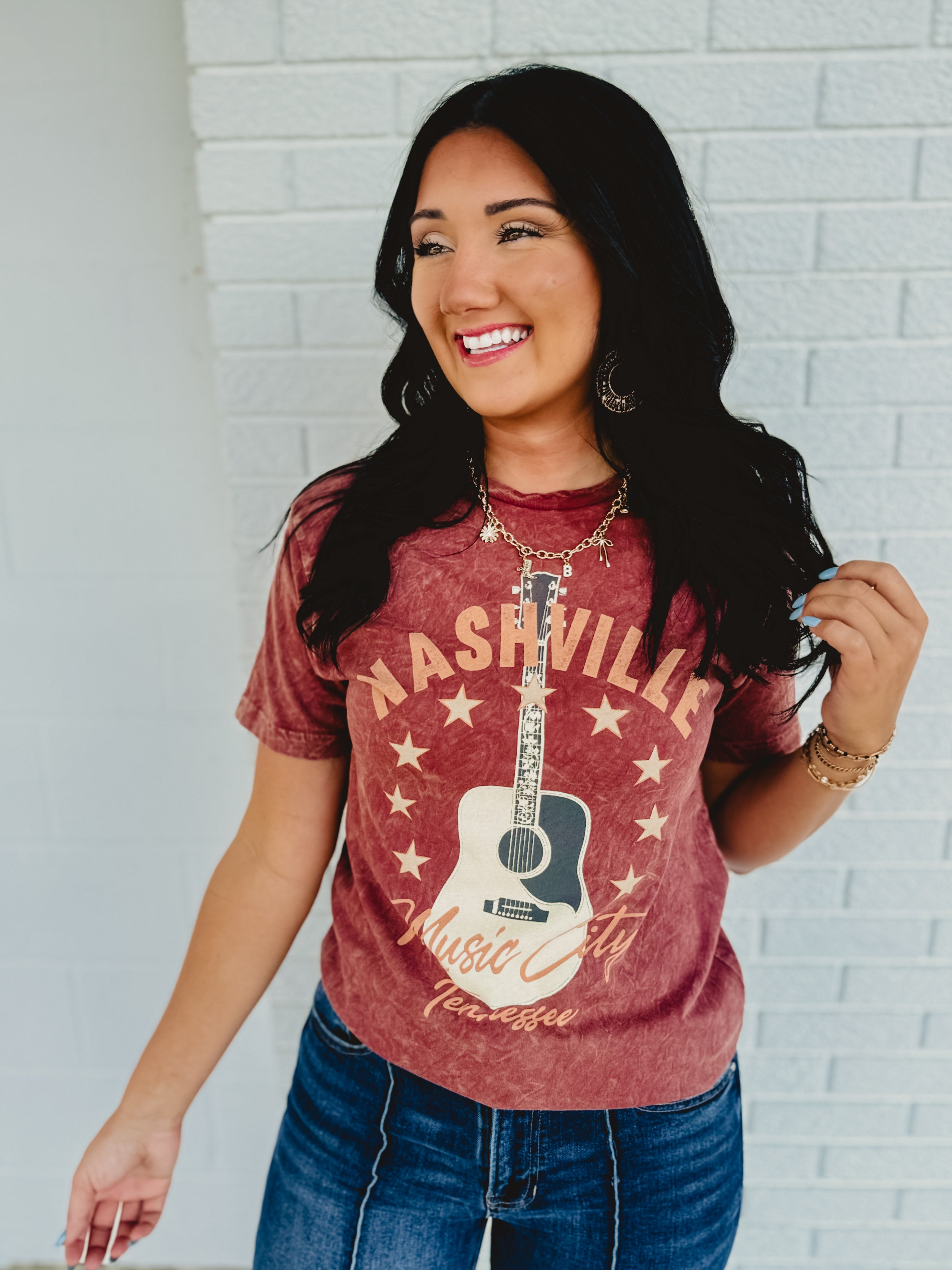 Nashville Music City Mineral Wash Graphic Tee - Wine - Lace and Grace Boutique